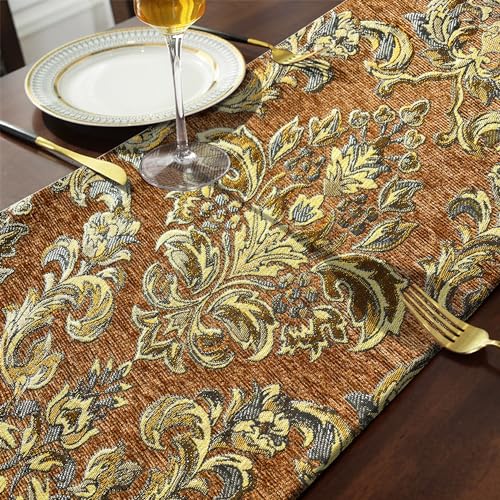 Deluxe Embroidered Table Runner 84" Caramel Retro Chenille Jacquard Cloths - color: Caramel, size: 13x84“
