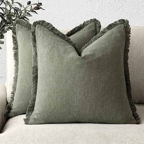 Foindtower Decorative Linen Fringe Throw Pillow Covers 20×20 Olive Green - color: Olive Green, size: 20" x 20" (Pack of 2)