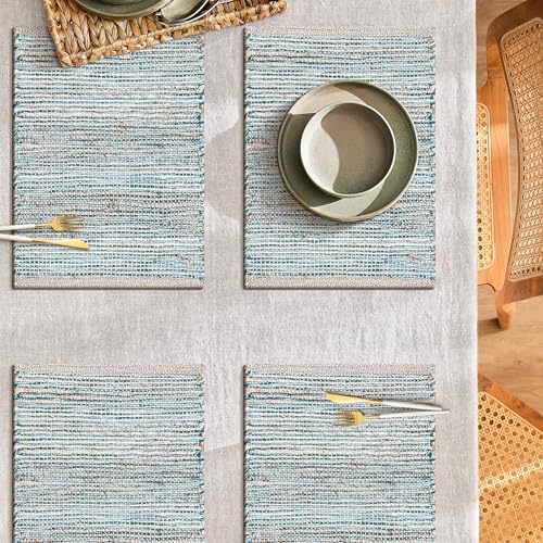 Cotton/Jute Placemats Set of 4-13x19 Inch,Natural-Aqua Turquoise - color: Natural - Aqua Turquoise