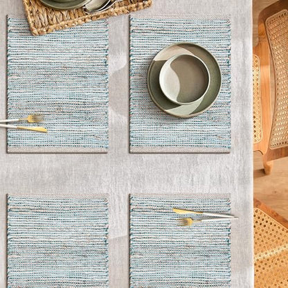 Cotton/Jute Placemats Set of 4-13x19 Inch,Natural-Aqua Turquoise - color: Natural - Aqua Turquoise