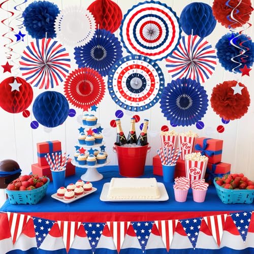 24 Pcs Patriotic 4th of July Decorations Kit, Paper Fans Pom Poms 8-16 in - color: Red, White and Blue