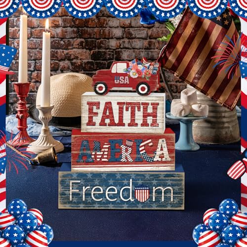 Britimes Tiered Tray Decor Set, 4 Pack, Wooden Table Sign, Independence - style: Independence Day Car