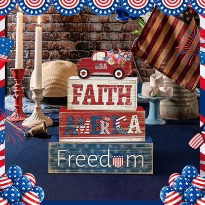 Britimes Tiered Tray Decor Set, 4 Pack, Wooden Table Sign, Independence - style: Independence Day Car