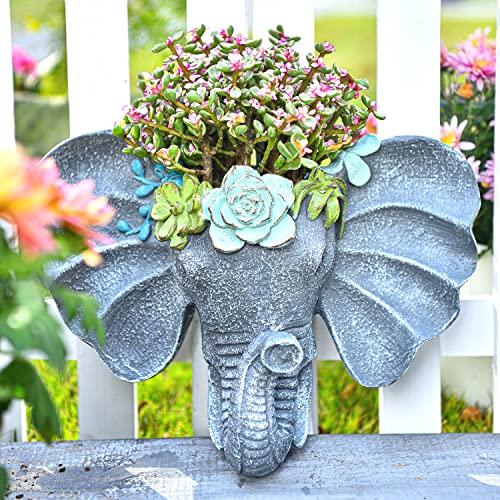 Sungmor Resin Elephant Head Wall Pot, Unique Bohemian Style Animal Face Planter, Vertical Hanging Plant Pot, Pretty Decorative Flower Pot for Indoor Outdoor Plants, for Gardening Lovers - color: Gray