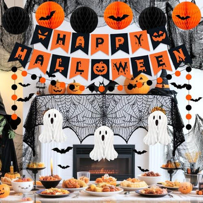 Halloween Party Decorations, 29Pcs Halloween Indoor Decorations Kit with Mantel Scarf Creepy Cloth Fabric Hanging Ghost Happy Halloweens Banner 3D Bat Stickers for Home Fireplace Wall Decor