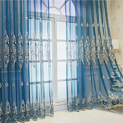Amidoudou 1 Pair European Jacquard Sheer Curtains Embroidered Tulle Curtains Living Room Bedroom Luxury Translucent Curtains (Blue,51x84 Inch) - color: Blue, size: 51"W x 84"L (Pack of 2)