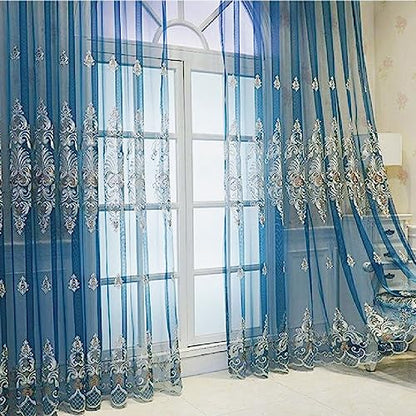 Amidoudou 1 Pair European Jacquard Sheer Curtains Embroidered Tulle Curtains Living Room Bedroom Luxury Translucent Curtains (Blue,51x84 Inch) - color: Blue, size: 51"W x 84"L (Pack of 2)