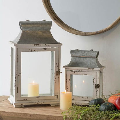 Rustic Wooden Candle Lanterns - Set of Two, Decorative Hurricane Lantern Holders for Indoor Outdoor Use - Home, Garden, Wedding Decor