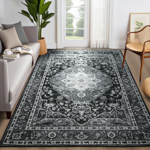 YJ.GWL Large Area Rug for Living Room, 5x7 Machine Washable Boho Rug for Bedroom, Low Pile Lightweight Thin Rugs Floral Vintage Distress Print Pattern Carpet for Dining Room, Navy Blue - color: Navy Blue, size: 5' x 7' (Rectangular)
