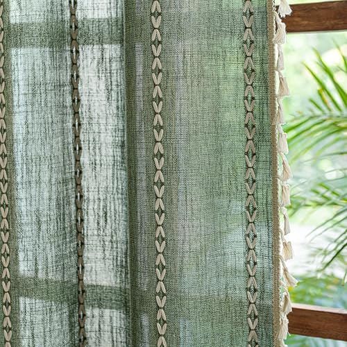 Sutuo Home Boho Kitchen Curtains with Beige Tassels, Semi Blackout Linen French Country Shabby Chic Window Treatment Bohemian Embroidery Knitted Drape, Rod Pocket 1 Panel 52" W x 63" L, Olive Green - color: Olive Green Stripes, size: 52"W x 63"L (Pack of