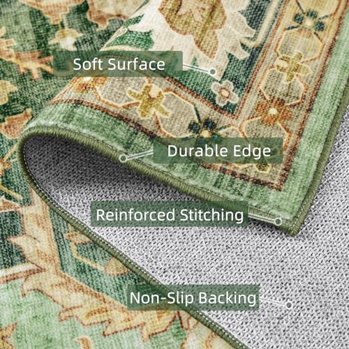 Green Runner Rugs for Hallway 2x6 Ft Non-Slip Fall Runner Rugs with Rubber Backing Washable Rug Runner for Kitchen Bedroom Vintage Distressed Carpet (Border Green) - color: Border Green, size: 2'x6'
