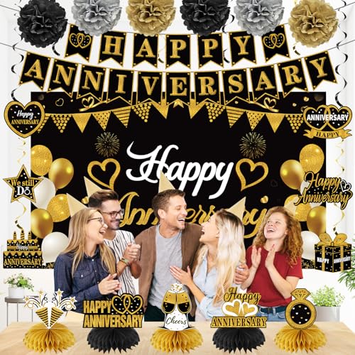 Turypaty Happy Wedding Anniversary Decorations Kit Supplies Black Gold
