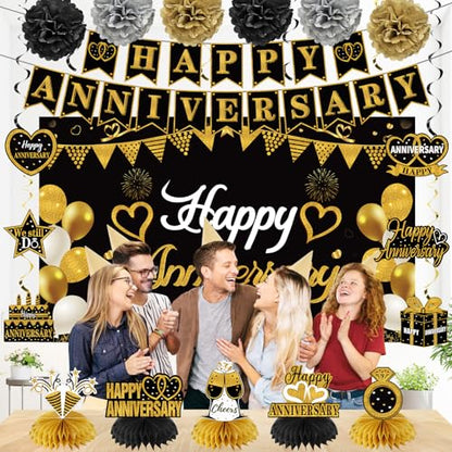 Turypaty Happy Wedding Anniversary Decorations Kit Supplies Black Gold