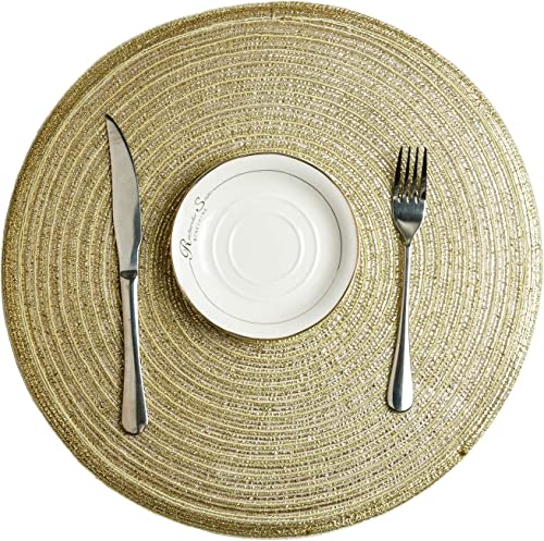 SHACOS Glitter Gold Round Braided Placemats Set of 8 Sparkle Washable 15 inch Round Table Mats Woven Place Mats for Christmas Party Dining Table (Gold, 8) - color: Gold, size: Set of 8
