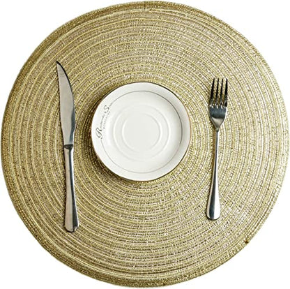 SHACOS Glitter Gold Round Braided Placemats Set of 8 Sparkle Washable 15 inch Round Table Mats Woven Place Mats for Christmas Party Dining Table (Gold, 8) - color: Gold, size: Set of 8