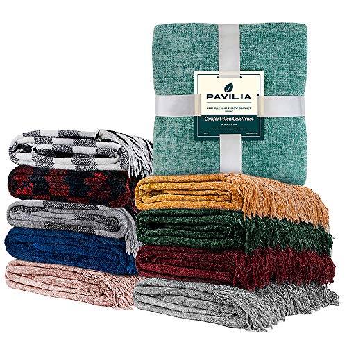 PAVILIA Chenille Throw Blanket Knit Sofa Couch Tassel Throw, Teal 50x60 - color: Teal, size: 50 X 60 Inches - Throw