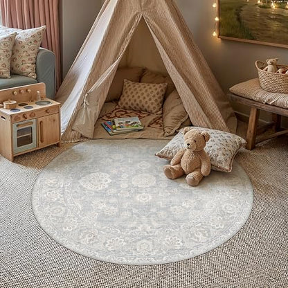 3x3 Blue Cream Neutral Round Rug - color: Blue, size: 3' (Round)