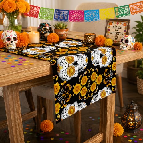 Dia De Los Muertos Decorations - Sugar Skull Table Runner with Banner - color: Dia De Los Muertos