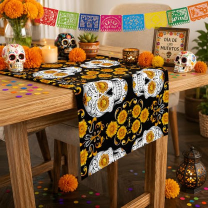 Dia De Los Muertos Decorations - Sugar Skull Table Runner with Banner - color: Dia De Los Muertos