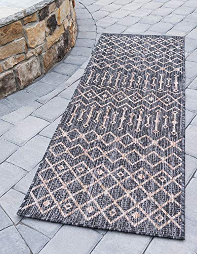 Unique Loom Outdoor Trellis Collection Area Rug - Tribal Trellis (2' x 6' 1" Runner, Charcoal Gray/ Natural) - color: Charcoal Gray/Natural, size: 2' x 6'1" (Runner)