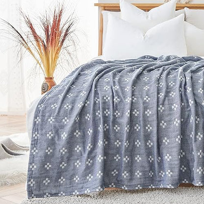 jinchan 100% Cotton Muslin Blanket Twin Boho Throw Blanket 60x80 Denim Blue - color: B. Cross Blue, size: 60"x80"