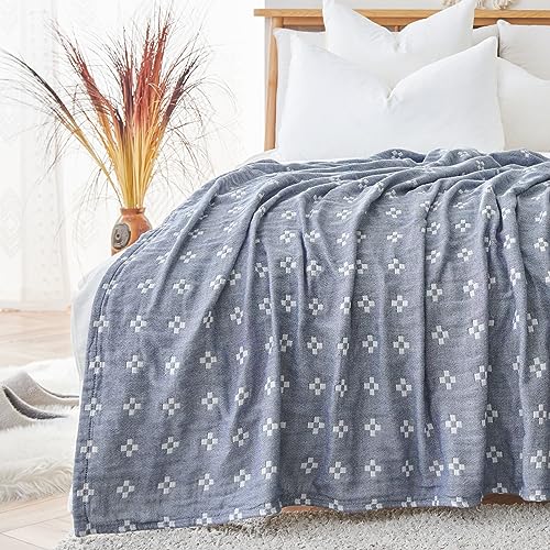 jinchan 100% Cotton Muslin Blanket Twin Boho Throw Blanket 50x60 Denim Blue - color: B. Cross Blue, size: 50"x60"