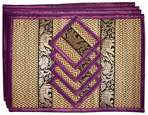 Hand-Woven Wicker Reed Placemats Coaster Set Eco-Friendly Alternative to Plastic Heat Resistant Thai Style Durable Easy to Clean for Dining Table Set of 4 (Medium, Purple) - color: Purple, size: Medium