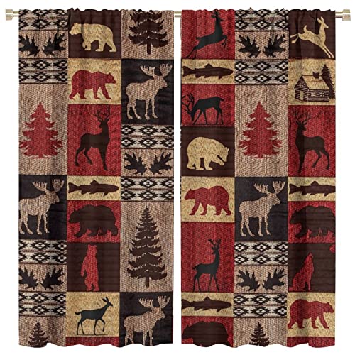Vintage Check Black Bear Rod Pocket Blackout Curtains for Living Room,Thermal Insulated Rustic Country Farmhouse Cabin Elk Tree Plaid Window Curtains,2 Panels 63L x 31.5W - color: Vintage Check Black Bear, size: 31.5"W x 63"L (Pack of 2)