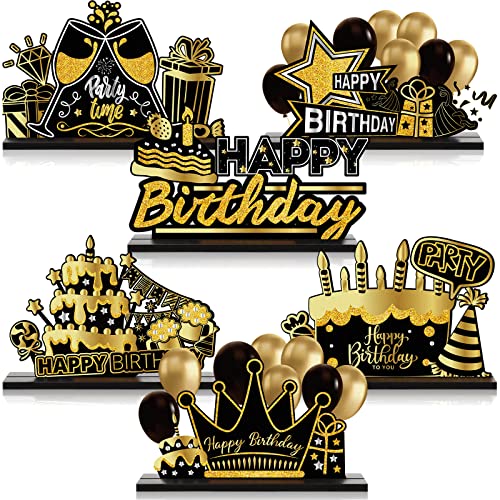 Leinuosen 6 Pcs Happy Birthday Table Centerpiece Black and Gold Sign - color: Black and Gold