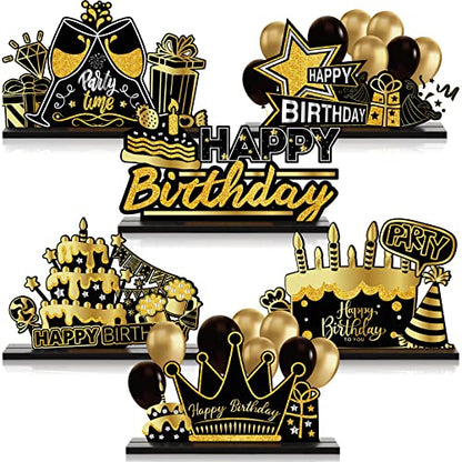 Leinuosen 6 Pcs Happy Birthday Table Centerpiece Black and Gold Sign - color: Black and Gold