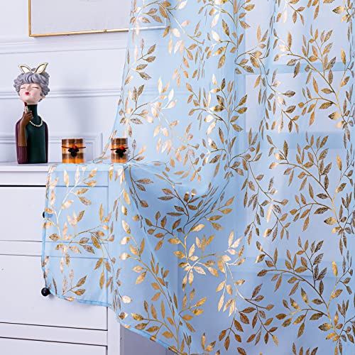 Deeprove Sheer Curtains 63 Inch Length, Gold Foil Metallic Vine Leaves Print Window Treatment 2 Panels Pair Set for Kitchen Living Room Tropical Bronzing Privacy Drapes Rod Pocket 52" W x 63" L, Blue - color: Gold and Blue, size: 52"W x 63"L (Pack of 2)