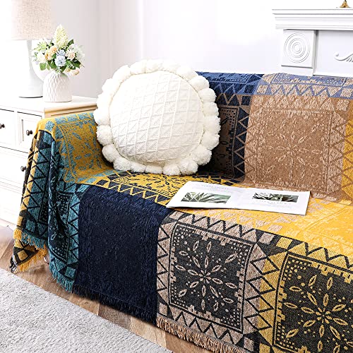 Turquoize Boho Couch Cover Bohemian Cotton Sofa Cover Sofa Throw Cover for Couches Sofa Slipcover Sectional Sofa Couch Covers Feature Hippie Chenille Jacquard Fabric(91"x 134",XX-Large,Yellow Navy) - color: Yellow/Navy, size: XX-Large: 91"x 134"