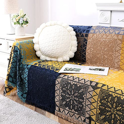 Turquoize Boho Couch Cover Bohemian Cotton Sofa Cover Sofa Throw Cover for Couches Sofa Slipcover Sectional Sofa Couch Covers Feature Hippie Chenille Jacquard Fabric(91"x 134",XX-Large,Yellow Navy) - color: Yellow/Navy, size: XX-Large: 91"x 134"