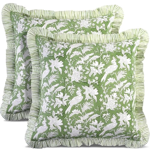 CPC Olive Green Block Print Ruffle Pillow Cover 16x16 Inch, Pack of 2 - color: Olive Green, size: 16" x 16" (Pack of 2)