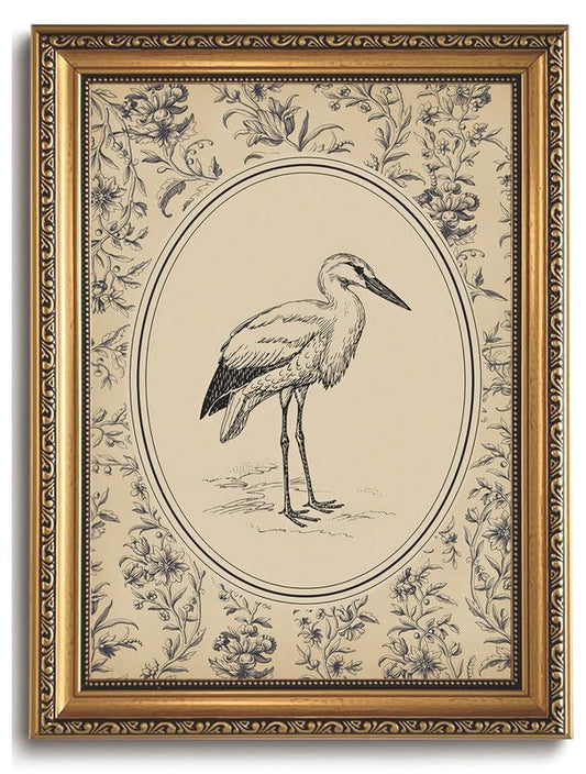 Vintage Heron Gold Framed Canvas Wall Art 12x16 | Vintage French Country Wall Decor, Heron Floral Canvas Print, Neutral Cottagecore Bird Picture - color: Blue stork, size: 16"L x 12"W