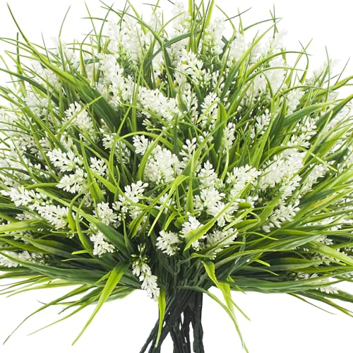 Grunyia 20 Bundles Artificial Plants Outdoor Fake Monkey Grass with Flowers (White) - color: White