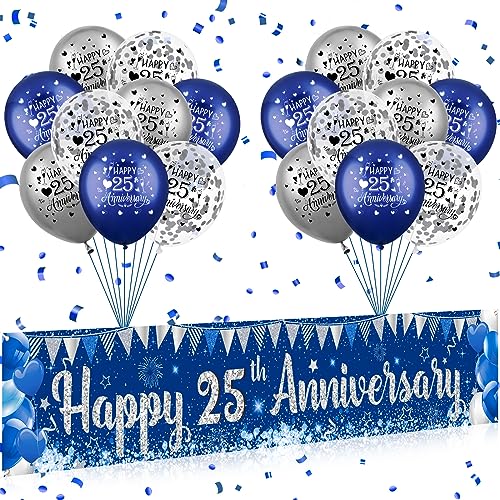 Blue Silver 25th Anniversary Decorations for Men Women, Blue Happy 25th Anniversary Banner and 18Pcs Balloons for 25 Years Silver Wedding Party Decoration Supplies - color: Happy 25th Anniversary
