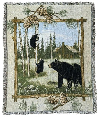 Log Cabin Bear Family Woven Tapestry Throw Blanket 50"x60" - color: Bear Family