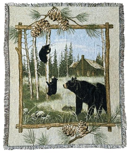 Log Cabin Bear Family Woven Tapestry Throw Blanket 50"x60" - color: Bear Family