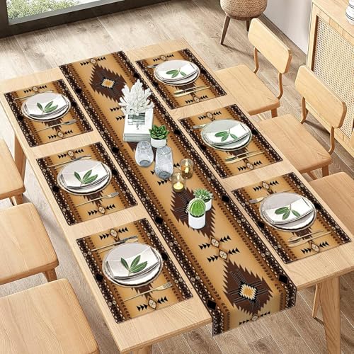 ArtSocket Table Runner and Placemats Set of 6, Boho Aztec - color: Western Brown