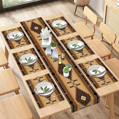 ArtSocket Table Runner and Placemats Set of 6, Boho Aztec - color: Western Brown