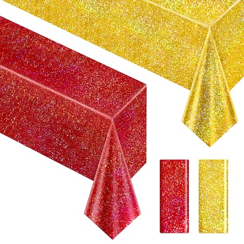 Red & Gold Carnival Laser Tablecloth 40" x 108" Shining Christmas Holiday Holographic Table Cloth Birthday Graduation Party Table Cover Plastic Foil Party Supplies For Anniversary Baby Shower - color: Red & Gold