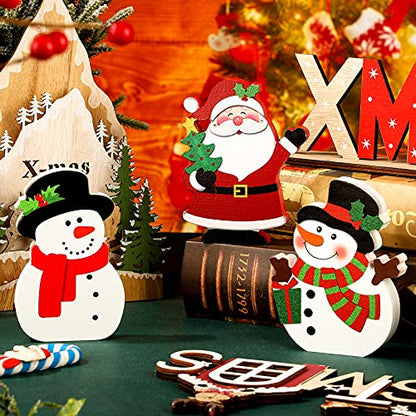 3 Pieces Christmas Table Centerpiece for Tiered Tray Wooden Santa Signs