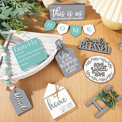 FairySandy 11 Pcs Home Tiered Tray Decor Minimalist Rustic Wooden Signs - style: Minimalist