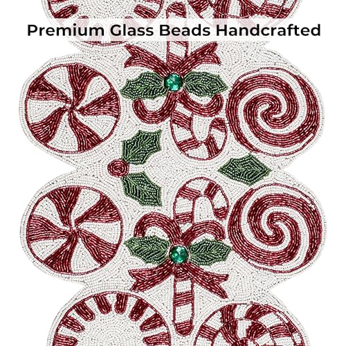 Beaded Christmas Table Runner, 13 x 36 Inches, Festive Holiday Table Decor - color: Red/Green/White