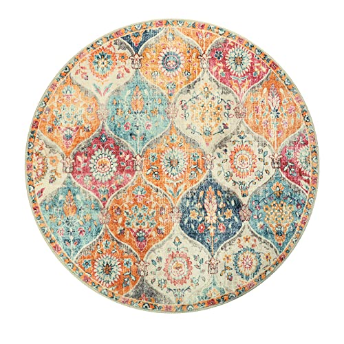 Lahome Moroccan Washable Circle Rug, Soft Vintage Round Rug 4ft Kitchen - color: Burnt Orange/Teal Multi, size: 4' (Round)