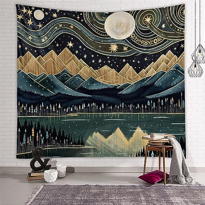 Tapzen Mountain Forest Tapestry - Boho Landscape Moon Stars Wall Hanging for Bedroom, Living Room, Classroom, Dorm (40 x 30 inches) - size: 40"L x 30"W