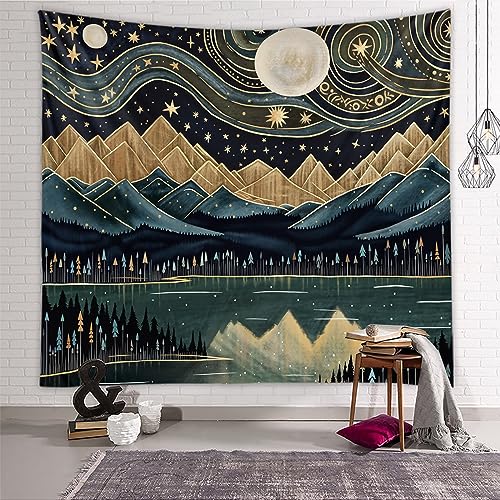 Tapzen Mountain Forest Tapestry - Boho Landscape Moon Stars Wall Hanging for Bedroom, Living Room, Classroom, Dorm (40 x 30 inches) - size: 40"L x 30"W