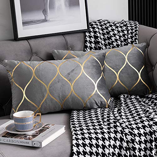 DEZENE Gold Velvet Throw Pillow Covers: 2 Pack 12x20 Inch Rectangular Decorative Pillow Cases for Bedroom Sofa Couch Living Room, Light Grey - color: Light Grey, size: 20" x 12" (Pack of 2)