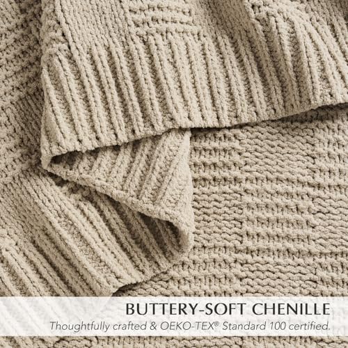 EVERGRACEHOME Modern Checkered Chenille Throw Blanket, 50x60, Sand Dune - color: Sand Dune, size: 50" X 60"